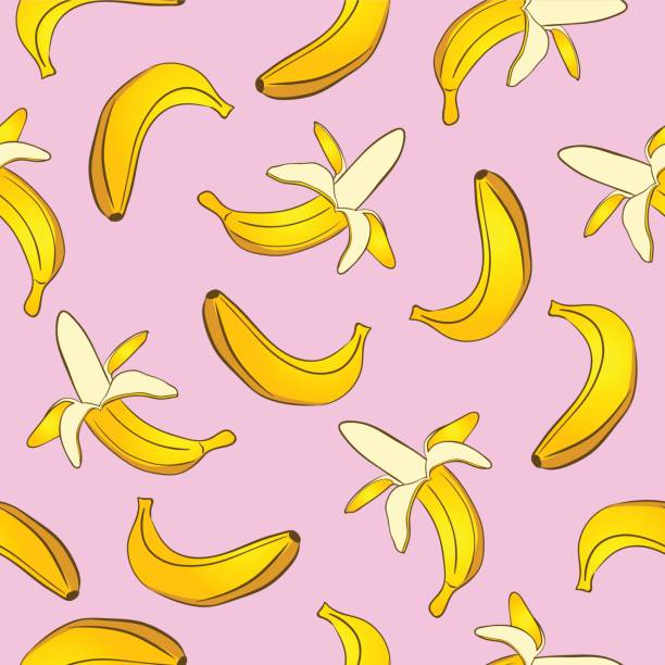 Seamless vector pattern of yellow bananas on a pink background Seamless vector pattern of yellow bananas on a pink background banana designs stock illustrations