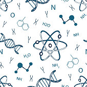 Repeat vector pattern with atoms and DNA on white background. Simple science wallpaper design for children. Decorative chemistry fashion textile.