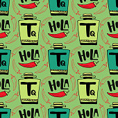 istock Seamless vector pattern with bottle of tequila and pepper on green background. Holla - hello in spanish . 1279822771