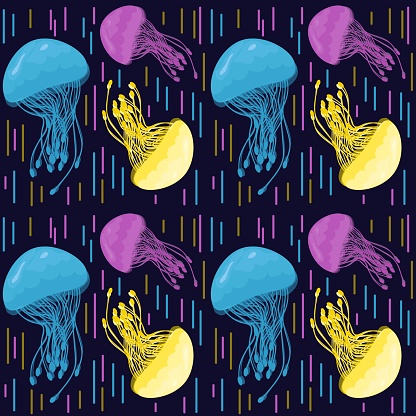 Seamless vector pattern with bright colored jellyfish.