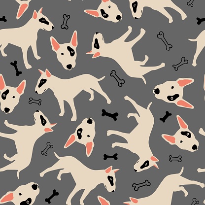 Seamless vector pattern with bull terrier,  Pitbull, bones, dog breed concept. Cute background for fabric, textile, wallpaper, illustration