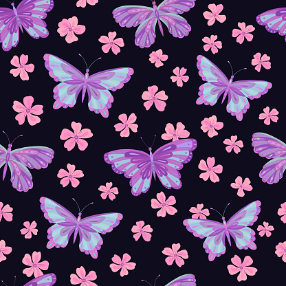 Seamless vector pattern with butterfly and sakura flowers.