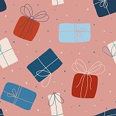 Seamless vector pattern with gifts. Seamless childish pattern for cards, wrapping papers, posters. Creative hand drawn pattern for holidays and parties