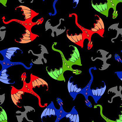 Seamless vector pattern with colorful dragons.
