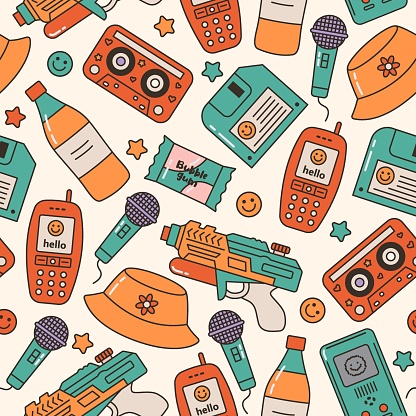 Seamless vector pattern with cute 80s, 90s nostalgia stuff