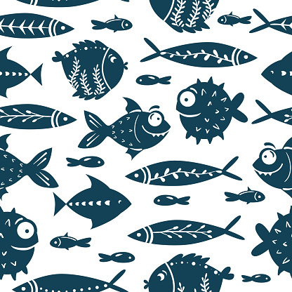 Seamless vector pattern with cute fishes. Funny fish with big eyes. For pattern fills, wallpaper, print for clothes, For pattern fills, wallpaper, print for clothes, wrapping paper
