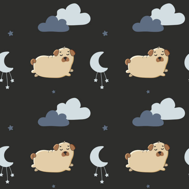 Seamless vector pattern with  cute pug, stars, clouds and moon. Trendy baby texture for fabric, wallpaper, apparel, wrapping paper. Funny little doggy. Seamless vector pattern with  cute pug, stars, clouds and moon. Trendy baby texture for fabric, wallpaper, apparel, wrapping paper. Funny little doggy. sleeping backgrounds stock illustrations