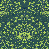 Repeat vector pattern with floral fan on green background. Simple flower silhouette rainbow wallpaper design. Vintage decorative fashion textile.