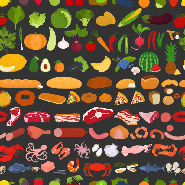 Seamless vector pattern with food on a black background. Vegetables, fruits, bread, seafood on a seamless pattern. Seamless vector pattern with food on a black background. Vegetables, fruits, bread, seafood on a seamless pattern. corn beef and cabbage stock illustrations