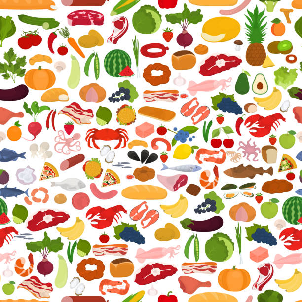 Seamless vector pattern with food on a white background. Fruits, vegetables and seafood. Seamless vector pattern with food on a white background. Fruits, vegetables and seafood. corn beef and cabbage stock illustrations