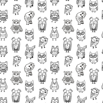 Seamless vector pattern with funny doodle owls