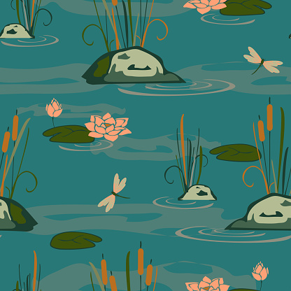 Seamless vector pattern with lake landscape on blue background. Waterlily and dragonfly wallpaper design. Calm water fashion textile.