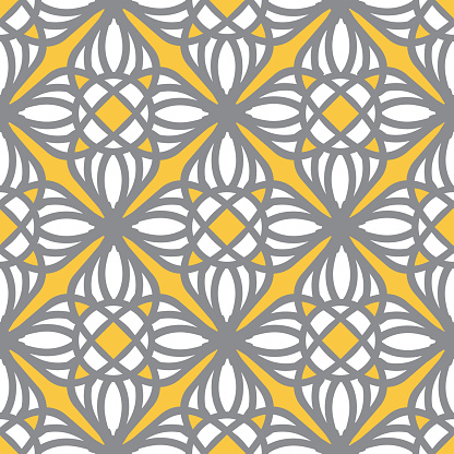Seamless vector pattern with modern geometric texture on yellow background. Decorative summer Moroccan wallpaper design. Delicate Arabic fashion textile.