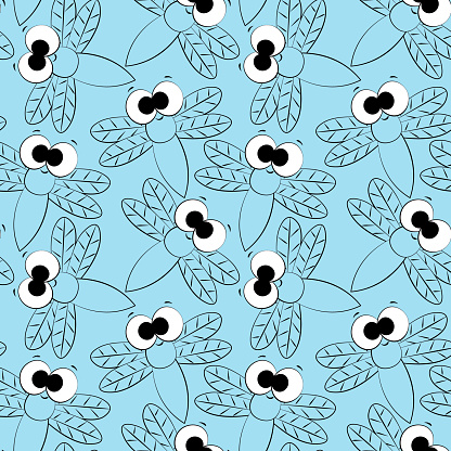 Seamless vector pattern with outline cute blue dragonfly