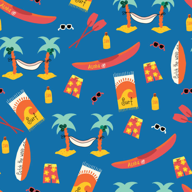 ilustrações de stock, clip art, desenhos animados e ícones de seamless vector pattern with palm tree hammock, surfboard, canoe, boardshorts, beach towels, sunglasses, suntan lotion. repeating beach day background. hawaiian beach day design. - beach towel