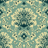 Repeat vector pattern with romantic damask bird on cream blue background. Beautiful peacock wallpaper design Victorian style. Vintage luxury fashion textile.