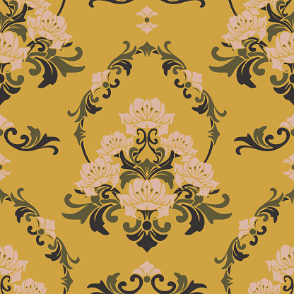 Seamless vector pattern with romantic flowers on yellow background. Rococo damask floral wallpaper design. Victorian style fashion textile.