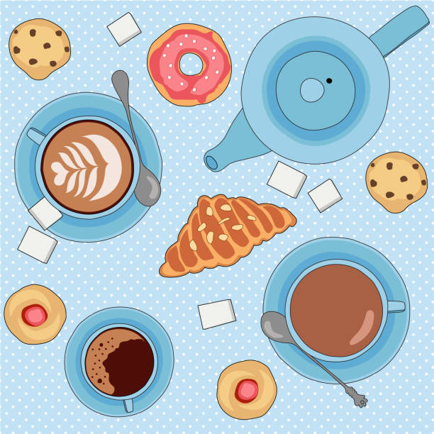 stockillustraties, clipart, cartoons en iconen met naadloze vector patroon met thee en koffie bekers, koekjes en gebak - koffie nederland