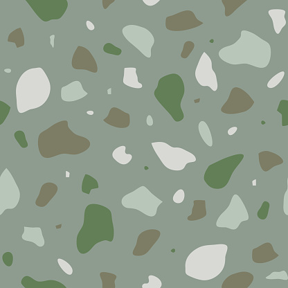 Seamless vector pattern with terrazzo texture on green background. Simple stone mosaic grid wallpaper design. Decorative fashion textile.
