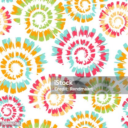 istock Seamless vector pattern with tie dye spiral on white background. Simple colourful spiral wallpaper design. Artistic deco fashion textile. 1294149137