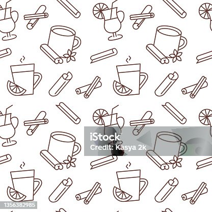 istock Seamless vector pattern with Winter drinks. Tea, cocoa with marshmallows, winter warming drinks. For fabric, paper, wrap, textile, poster, scrapbooking, wallpaper or background, for web site or mobile app 1356382985
