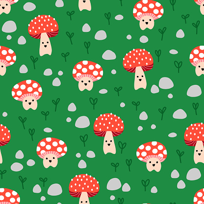 Seamless vector repeat kids pattern cute toadstools. Cute background mushroom fungi with smiling faces on green. Surface pattern design for fabric, wrapping, baby, kids wear, children decor, wallpaper