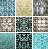 Wallpaper Pattern with some asymmetrical elements. 9 schemes are shown. Zoom in for details!