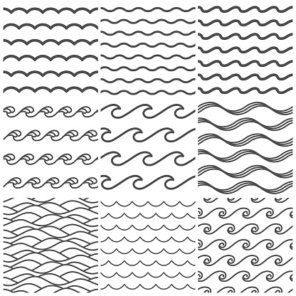 Seamless water waves pattern. Sea wave, ocean waters and wavy lake. Aqua patterns vector background collection