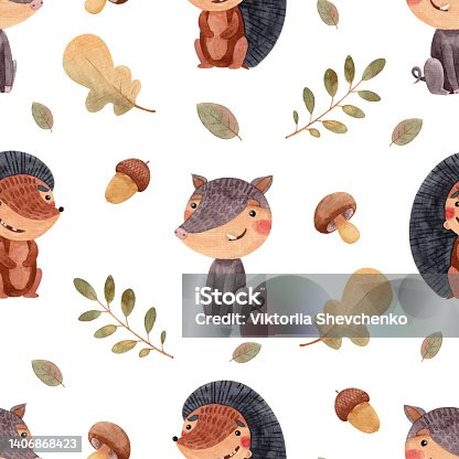 istock Seamless watercolor pattern with forest animals wild boar and hedgehog 1406868423