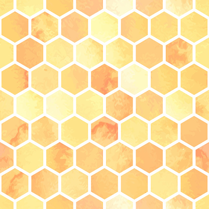 Seamless watercolor pattern with yellow honeycomb polygons. Hexagon abstract background