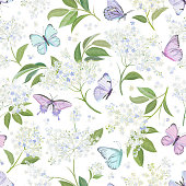 istock Seamless watercolor white elderberry floral background. Spring elderflower and butterflies pattern template vector. Summer flowers wedding design illustration 1297172405
