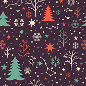 Seamless winter pattern with trees and constellations and stars.