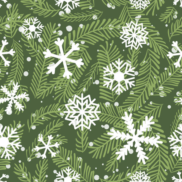 bildbanksillustrationer, clip art samt tecknat material och ikoner med sömlös vinter vektor mönster med tall grenar och snöflingor - frozen leaf