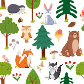 Seamless woodland animals pattern. Summer forest cute wildlife animal and forests floral. Kid nursery room wallpaper, textile fabric or woodland nature wrapping cartoon vector background