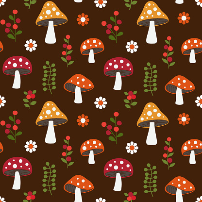 seamless woodland mushroom pattern with flowers and berries