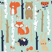 Forest seamless background with cute fox, bear, bunny, elk, hedgehog, birds, mushrooms and trees in cartoon style