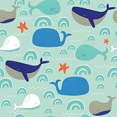 Seamless pattern with cute whales in cartoon style