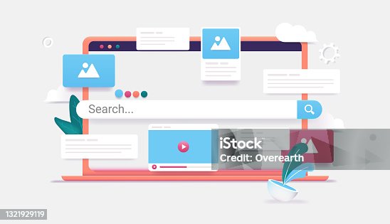 istock Search engine on computer screen - 3d vector illustration of laptop with internet search and results popping out 1321929119