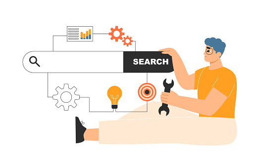 Search engine optimization concept. SEO specialist using tools to improve SERP results, drive Internet traffic. Online ranking, website visibility, promotion.