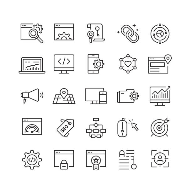 Search Engine Optimization Related Vector Line Icons Search Engine Optimization Related Vector Line Icons contented emotion stock illustrations