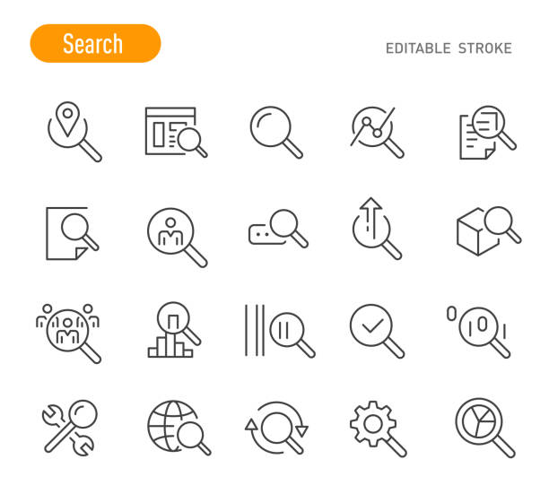 ilustraciones, imágenes clip art, dibujos animados e iconos de stock de iconos de búsqueda - serie de líneas - trazo editable - exploración