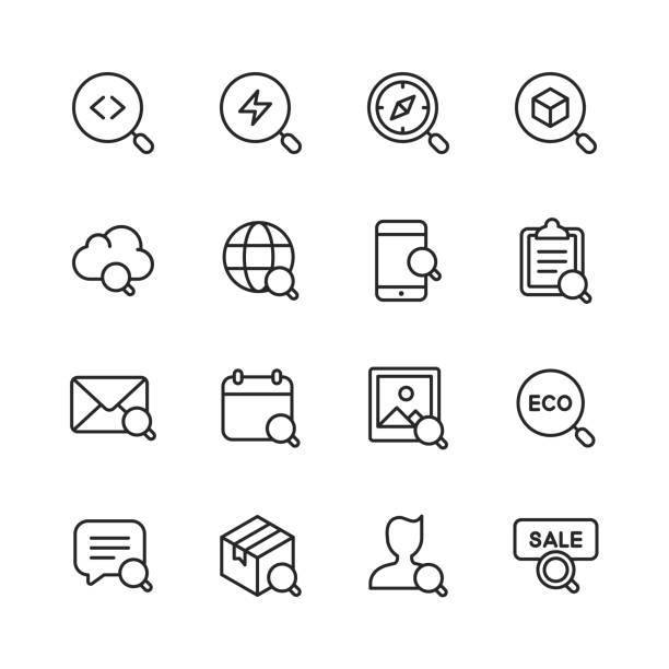 ilustrações de stock, clip art, desenhos animados e ícones de search line icons. editable stroke. pixel perfect. for mobile and web. contains such icons as search, seo, magnifying glass, delivery, messaging, job hunting, sale, image. - planet zoom out