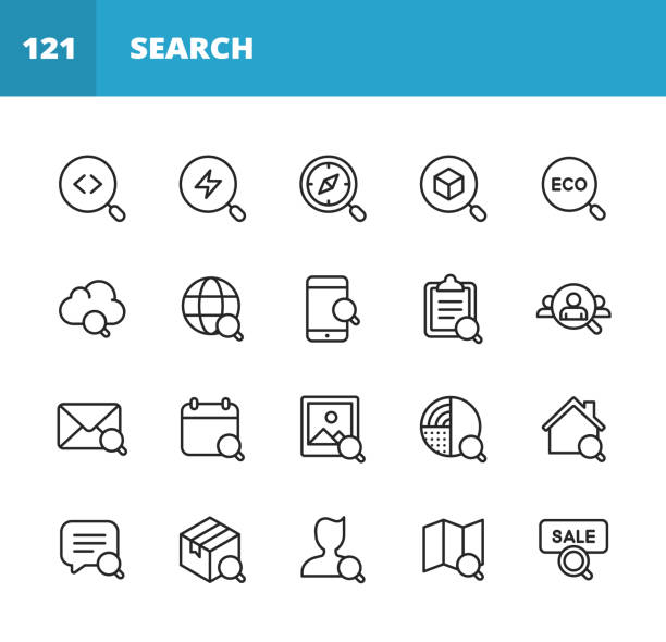 ilustrações de stock, clip art, desenhos animados e ícones de search line icons. editable stroke. pixel perfect. for mobile and web. contains such icons as search, seo, magnifying glass, delivery, messaging, job hunting, sale, image, deal hunting, navigation, delivery, transportation, big data, cloud computing. - planet zoom out