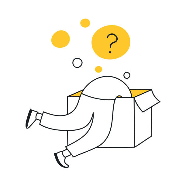 Search, research, questions Search, research, questions, and finding inside process. Cute cartoon person diving in the box trying to find something inside. Thin line vector illustration on white. outside the box stock illustrations