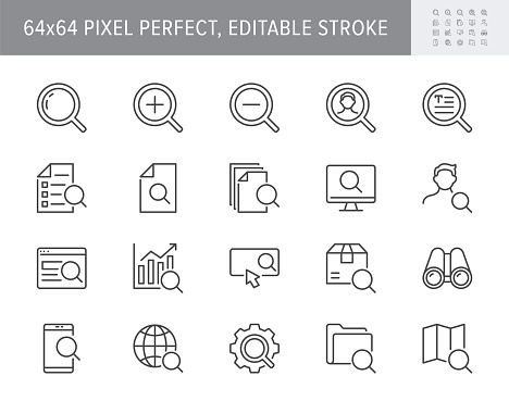 Search simple line icons. Vector illustration with minimal icon - lupe, analysis, spyglass lens, loupe, gear, hr, globe, folder, magnifier, binoculars pictogram. 64x64 Pixel Perfect Editable Stroke.