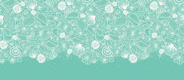 Seashells Texture Horizontal Seamless Pattern Border Vector  horizontal seamless pattern ornament with hand drawn ornate seashells and underwater plants. Perfect for summer design. beach borders stock illustrations