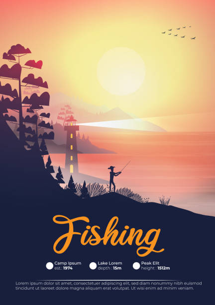 Poster riva del mare di notte con faro e pescatore