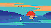 Seaside Sunset Minimalist Style flat color vector. Sailing at Sunset Seascape cartoon design. Summer ocean sunrise illustration of sun dawn, sea water. Relaxing tropical nostalgic vacation background