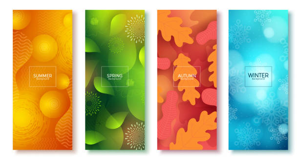 bumbui set poster vektor abstrak. latar belakang musiman berwarna-warni seperti musim panas, musim semi, musim gugur dan musim dingin - musim ilustrasi stok