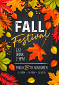 Seasonal fall festival poster or flyer with autumn foliage of maple, oak, elm, chestnut and autumn berries on wooden background.